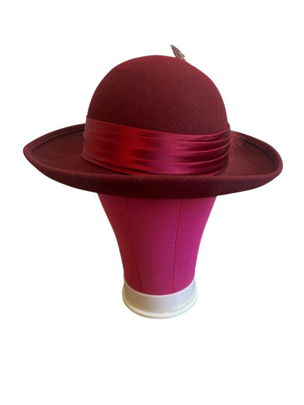 Vintage Geo W Bollman Burgundy Wool Hat With Satin Ribbon & Feather Accent - Picture 14 of 16